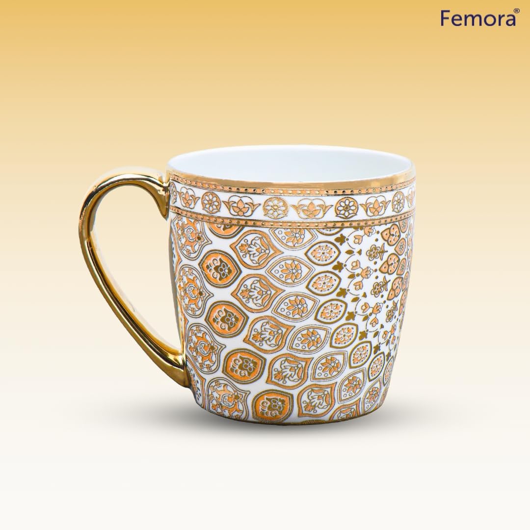 Femora Handcrafted Ceramic Coffee Mugs Indian Golden Tea Cups Set of 6 (5.5 oz), Cappuccino Cups, Coffee Cups, White Tea Cup Set, British Coffee Cups, Porcelain Tea Set, Latte Cups, Espresso Mug.