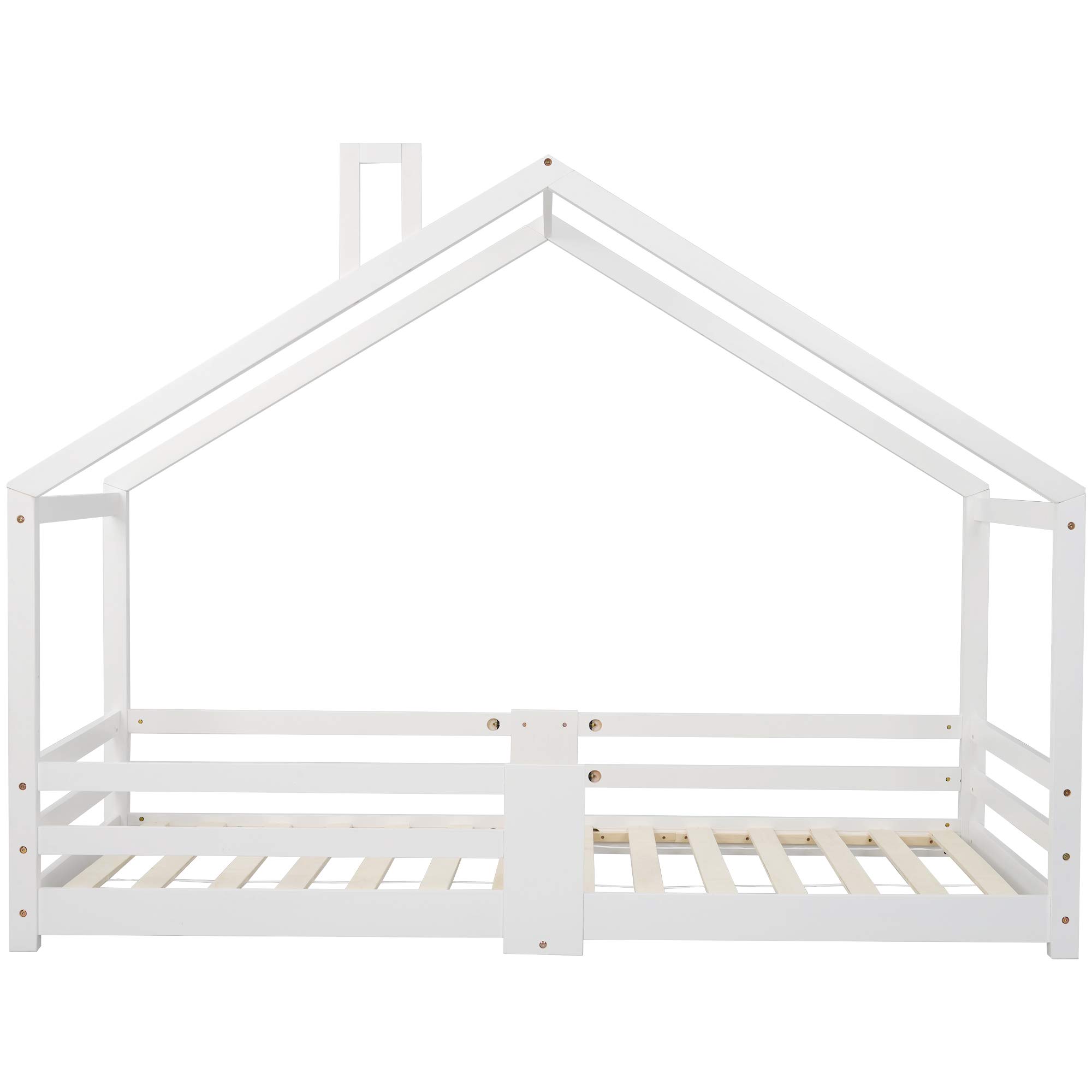 Merax Hausbett 90x200 mit Rausfallschutz, Kinderbett 200x90, Kiefernholz Hausbett for Kids, Massivholz Kinder Bett mit Lattenrost, Holz Bett für Kinder mit Dach (ohne Matratze) (Weiß)