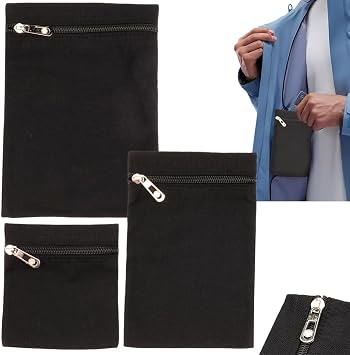 Sew-in Side Pocket with Zipper, 3 Pack Coat Inside Pockets,Travel Security Pocket Hidden Wallet Secure Side Pocket for Mastectomy Recovery, Pockets for Clothing Including Coats,Sweatshirts, 3 Sizes