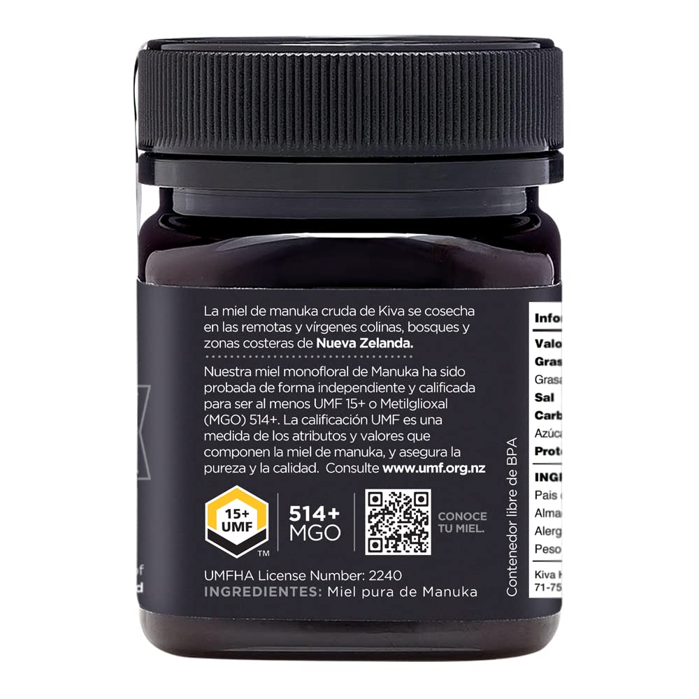 Kiva Miel de Manuka pura (Nueva Zelanda) UMF 15+ certificado, 250 gramos.