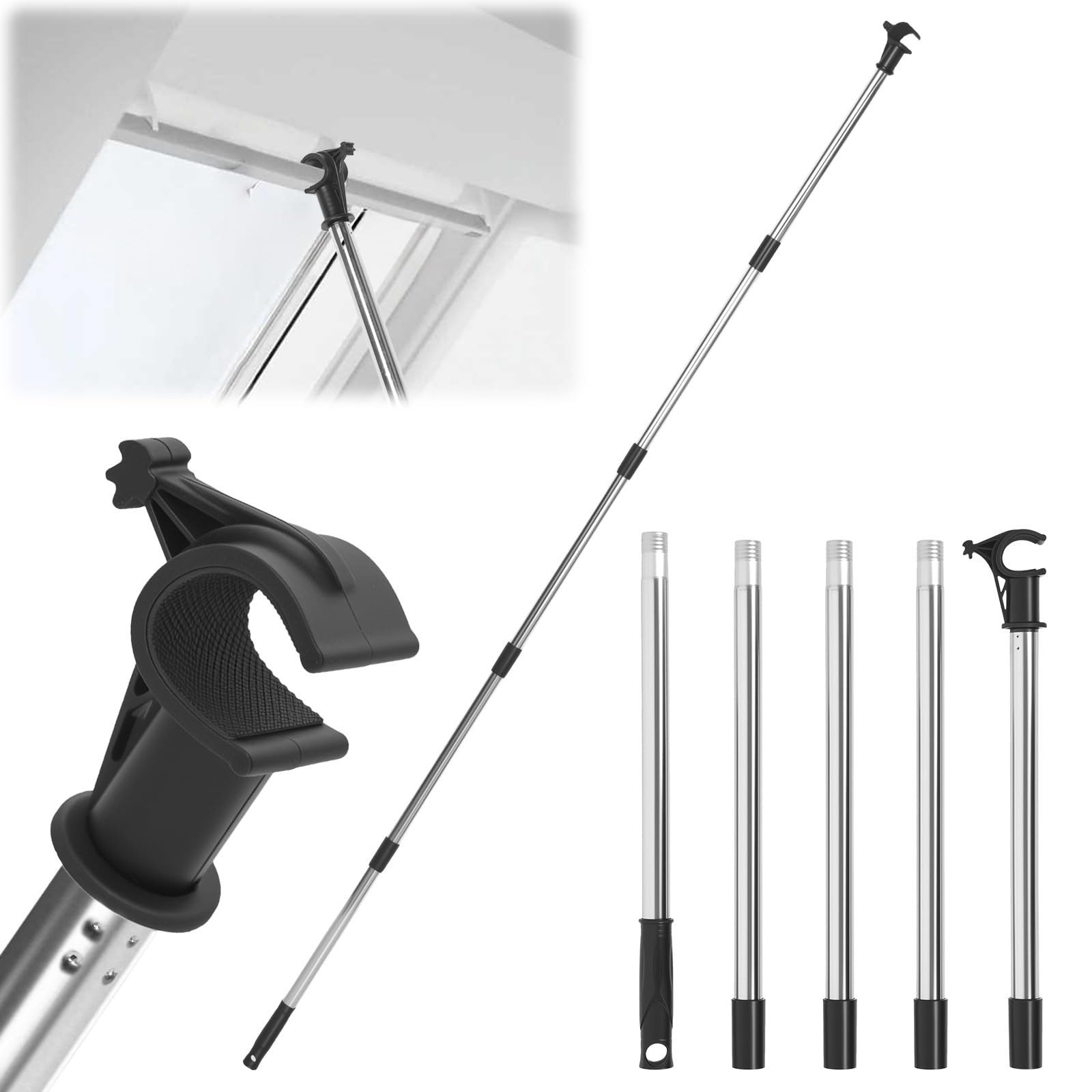 Window Pole Opener with Hook, Modular 2m Window Opener Pole Stainless Steel Sectional Skylight Poles for Roof Windows, Blinds and Loft Hatches