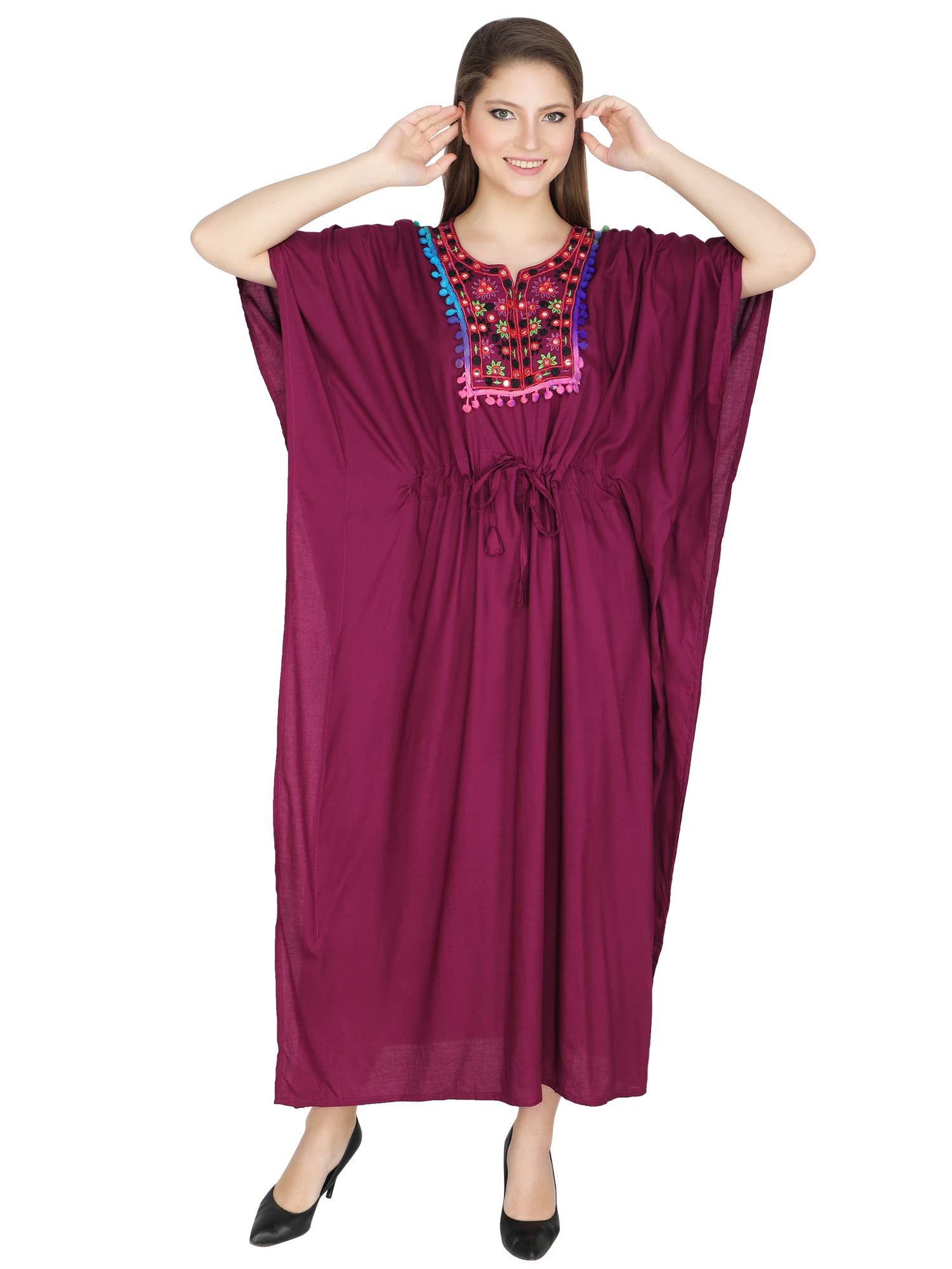 ukal Women’s and Girl’s Summer Embroidery Short Sleeve Bikini Swimsuit Cover Up Maxi Kaftans Beach Dress (Medium, Red)-picture-47