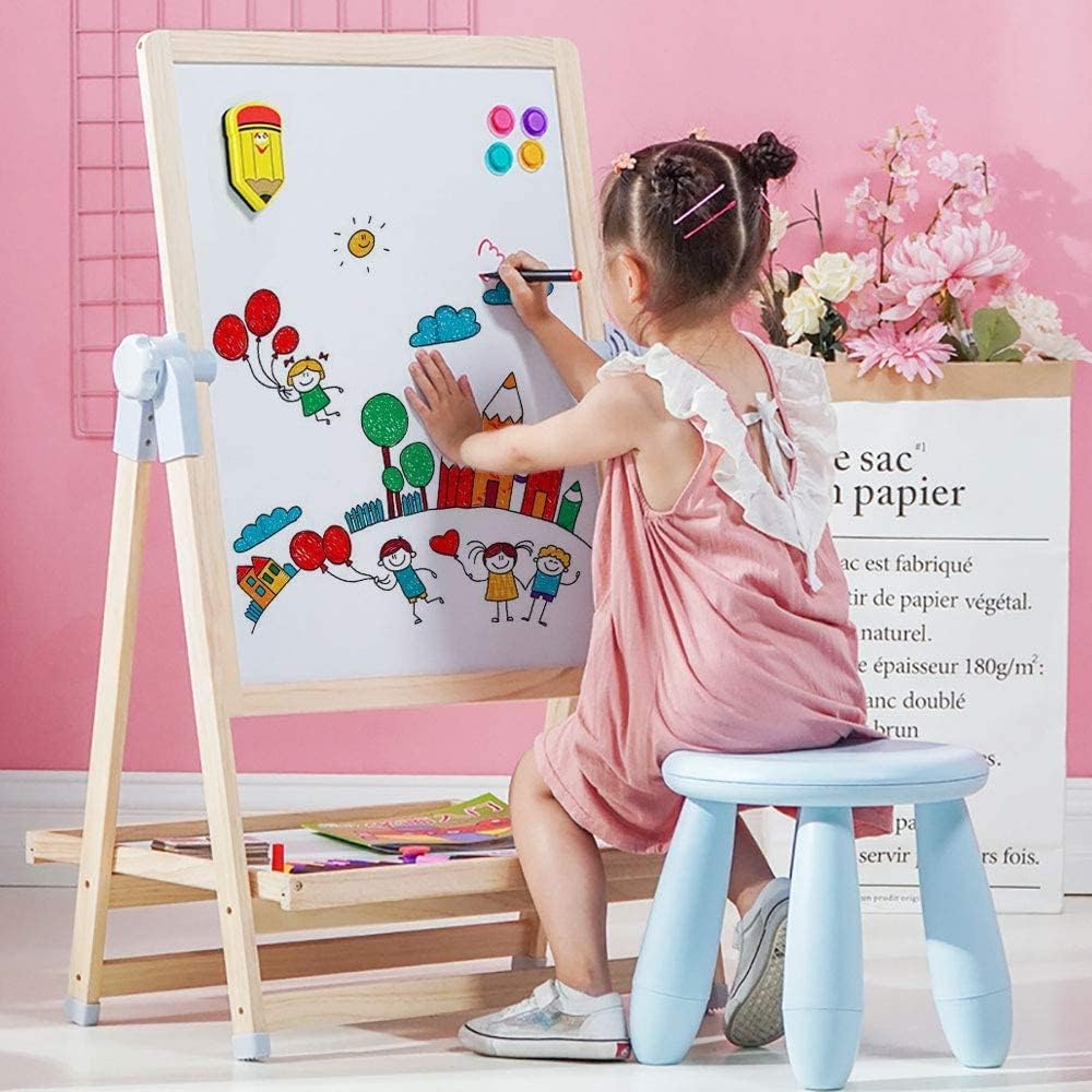 Caballete de Madera 4 en 1 para Niños | Pizarra Magnética de Doble Cara y Pizarra de Tiza | Caballetes de Pintura con Rotación de 360 Grados y Muchos Accesorios|Regalo para Niños Pequeños Niños Niñas