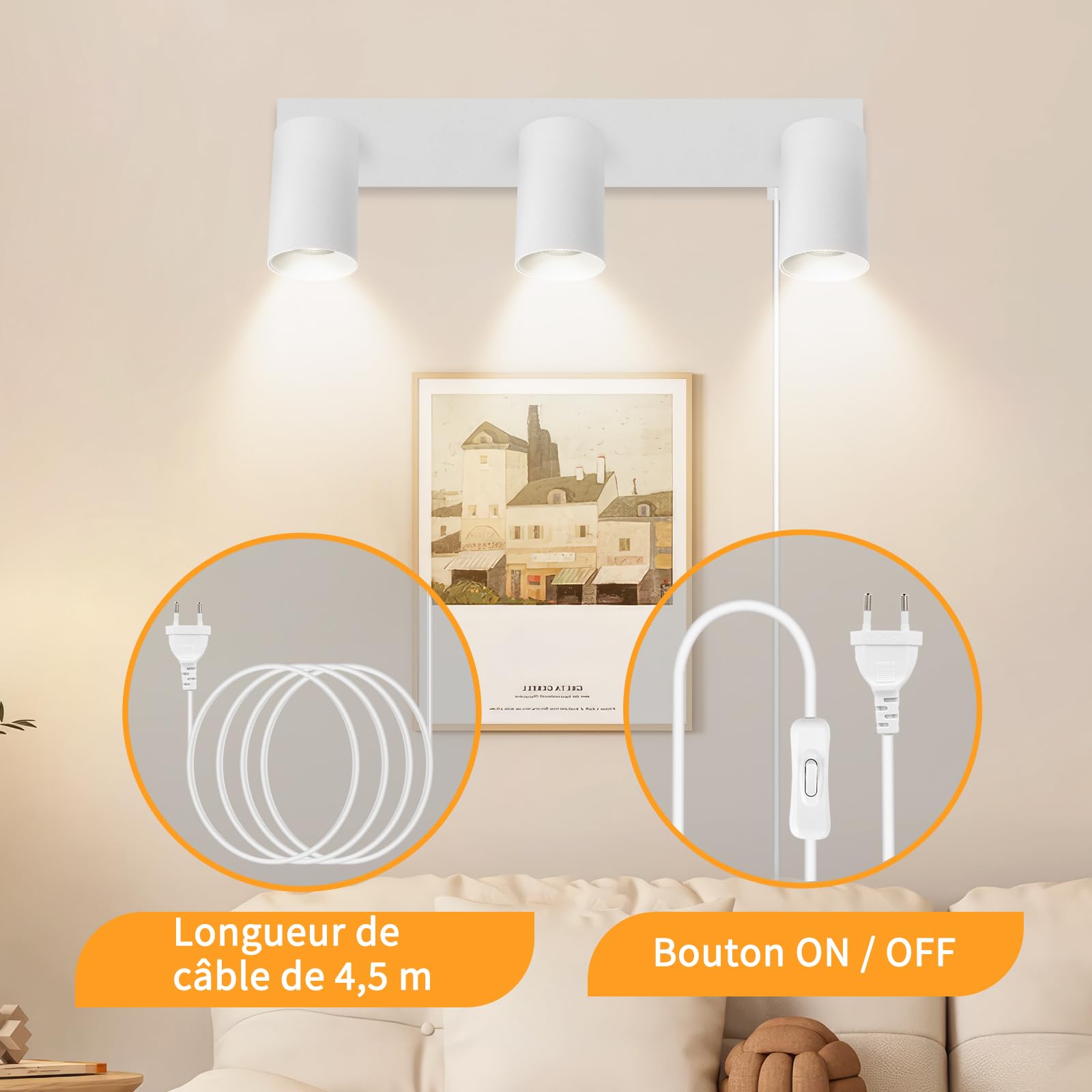 Applique Murale Intérieure avec Prise et Interrupteur 3 Spots - Blanc GU10 Lampe de Chevet Murale Moderne Tourner 350° - Lampe Murale pour Chambre Salon Couloir Peinture Murale - Sans Ampoules