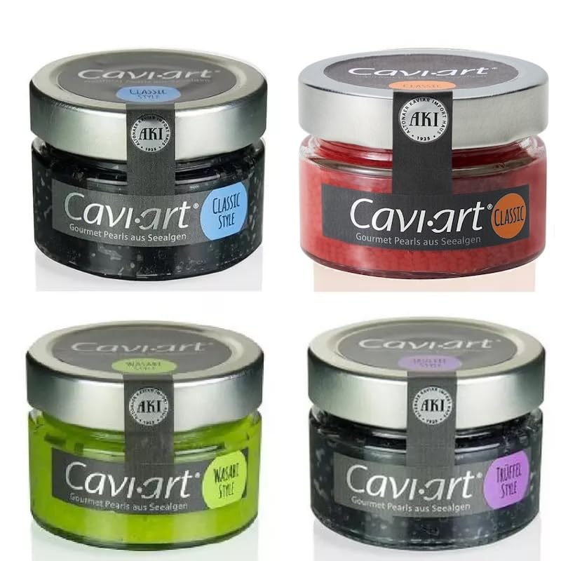 Cavi-Art Algen-Kaviar Probierset - 4 x 100g | veganer Kaviar, Feinkost | Classic, Lachs, Wasabi, Trüffel