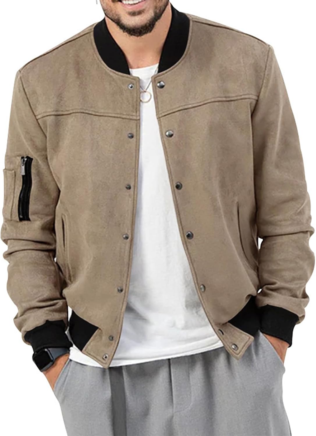 Men's Varsity Jacket - Casual Button-Up Suede Jacket with Stand Collar Windbreaker Vintage