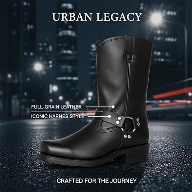 Men's Durable Leather Harness Boots, Harness Pull on BootsBoots, Mid-Calf Square Toe Pull On Casual Riding Boots