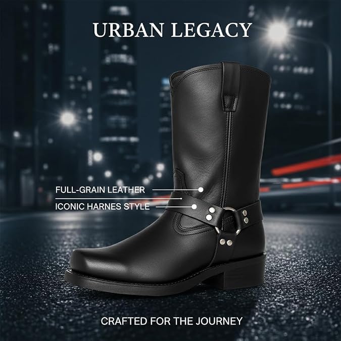 Men's Durable Leather Harness Boots, Harness Pull on BootsBoots, Mid-Calf Square Toe Pull On Casual Riding Boots