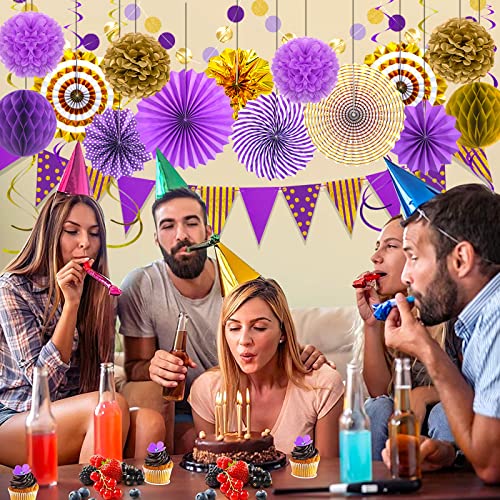 Image of Purple Gold Party Decorations, Graduation Season Hanging Glitter Triangle Flags Banner Paper Fan Tissue Pom Poms Garlands, Women Girl Party, Bridal Shower, Purple Themed Birthday