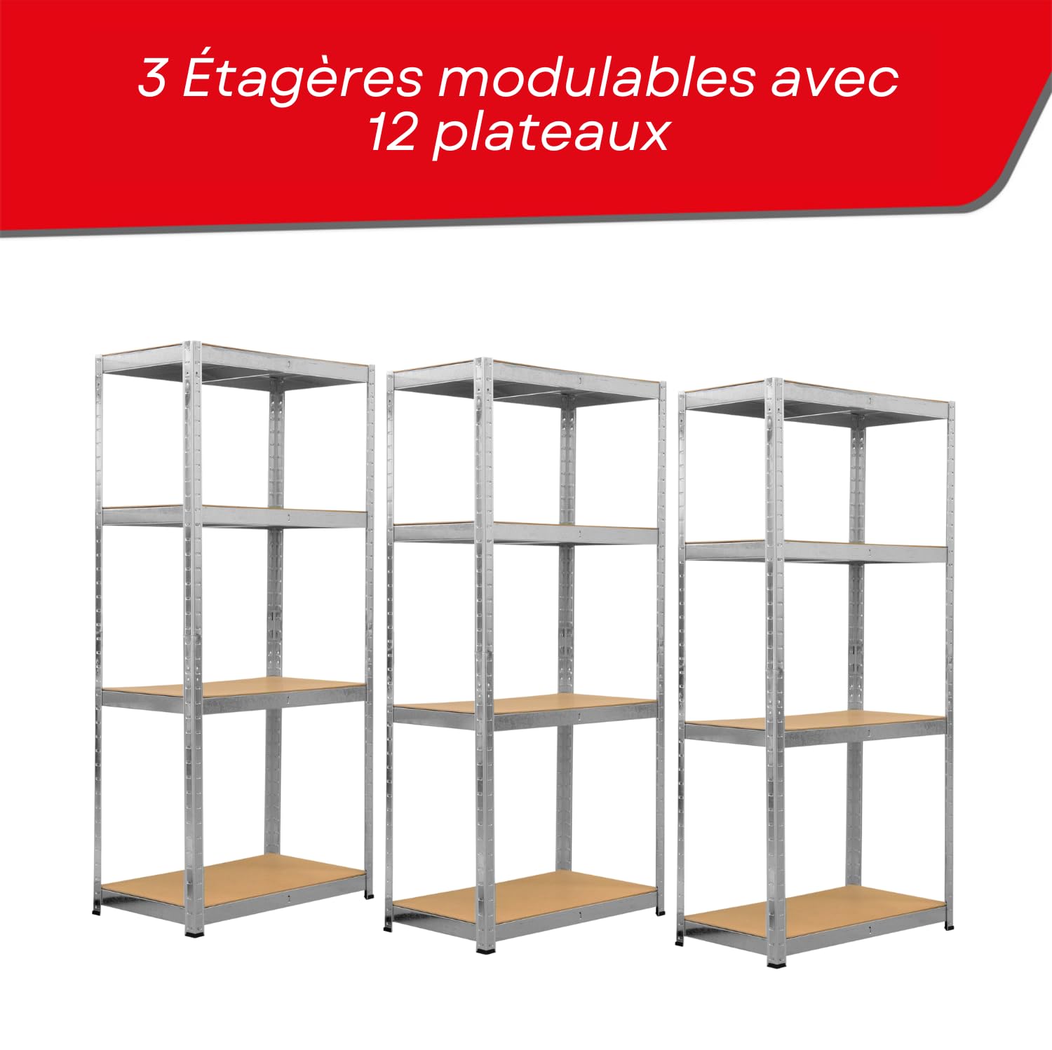 Triple Étagères de Rangement Charges Lourdes - 210 x 150 cm - 960 kg - Étagères de Garage modulables, 4 Niveaux, 12 Plateaux - 30 cm - Gris