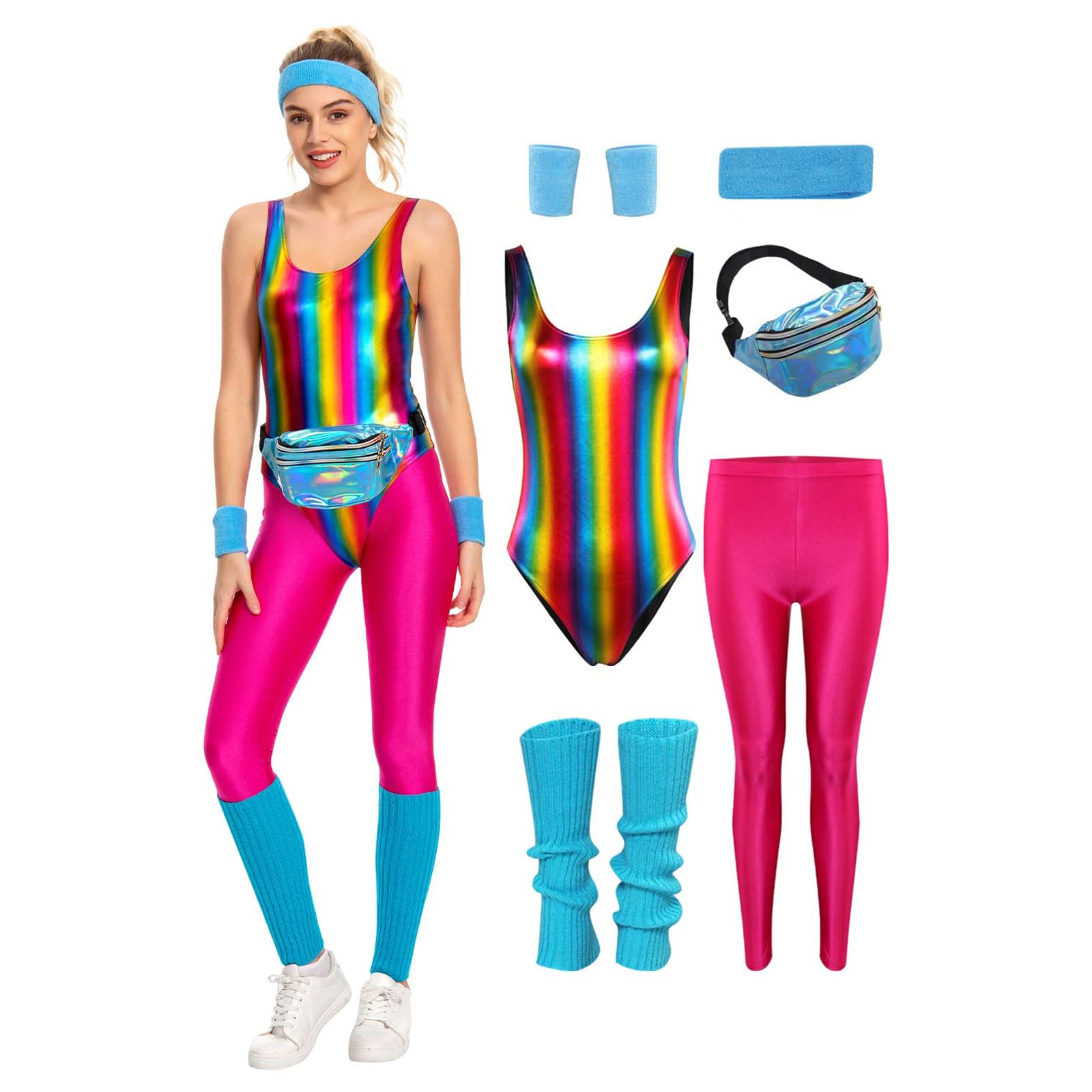 Juego de 6 piezas de traje de fitness de los años 80 para mujer, colorido, mono de yoga, pantalones de entrenamiento, traje retro