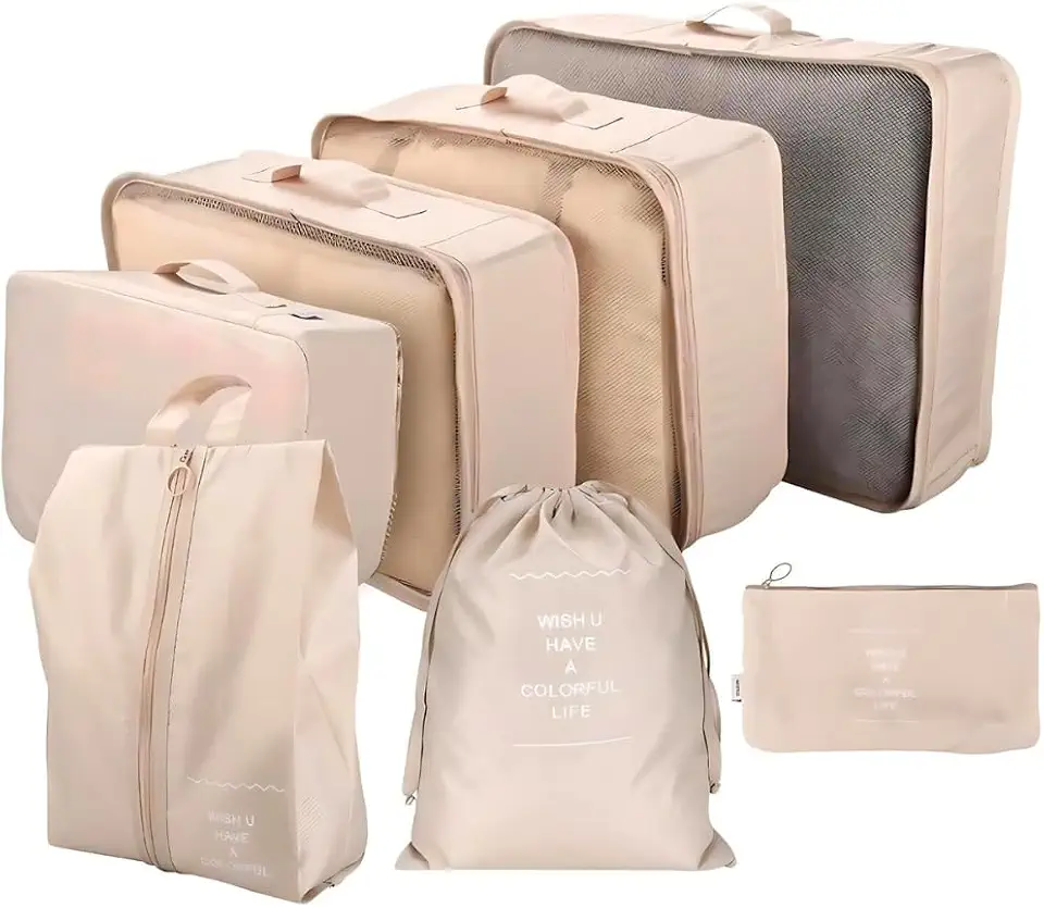 Kit Organizador de Malas para Viagem 7 Peças Conjunto Organizador Completo Bolsas Necessaire Sapatos Maquiagem Roupas Bagagem Organizada (Bege)