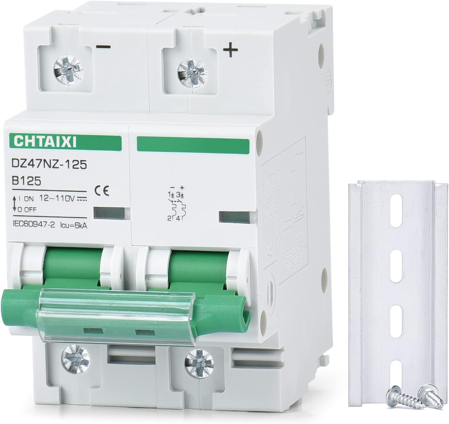 Chtaixi 12V-110V DC Miniature Circuit Breaker, 125 Amp 2 Pole Battery Breaker Protector for Solar PV System and RV, Thermal Magnetic Trip, DIN Rail Mount, High Current DC Disconnect Switch MCB 2P B125