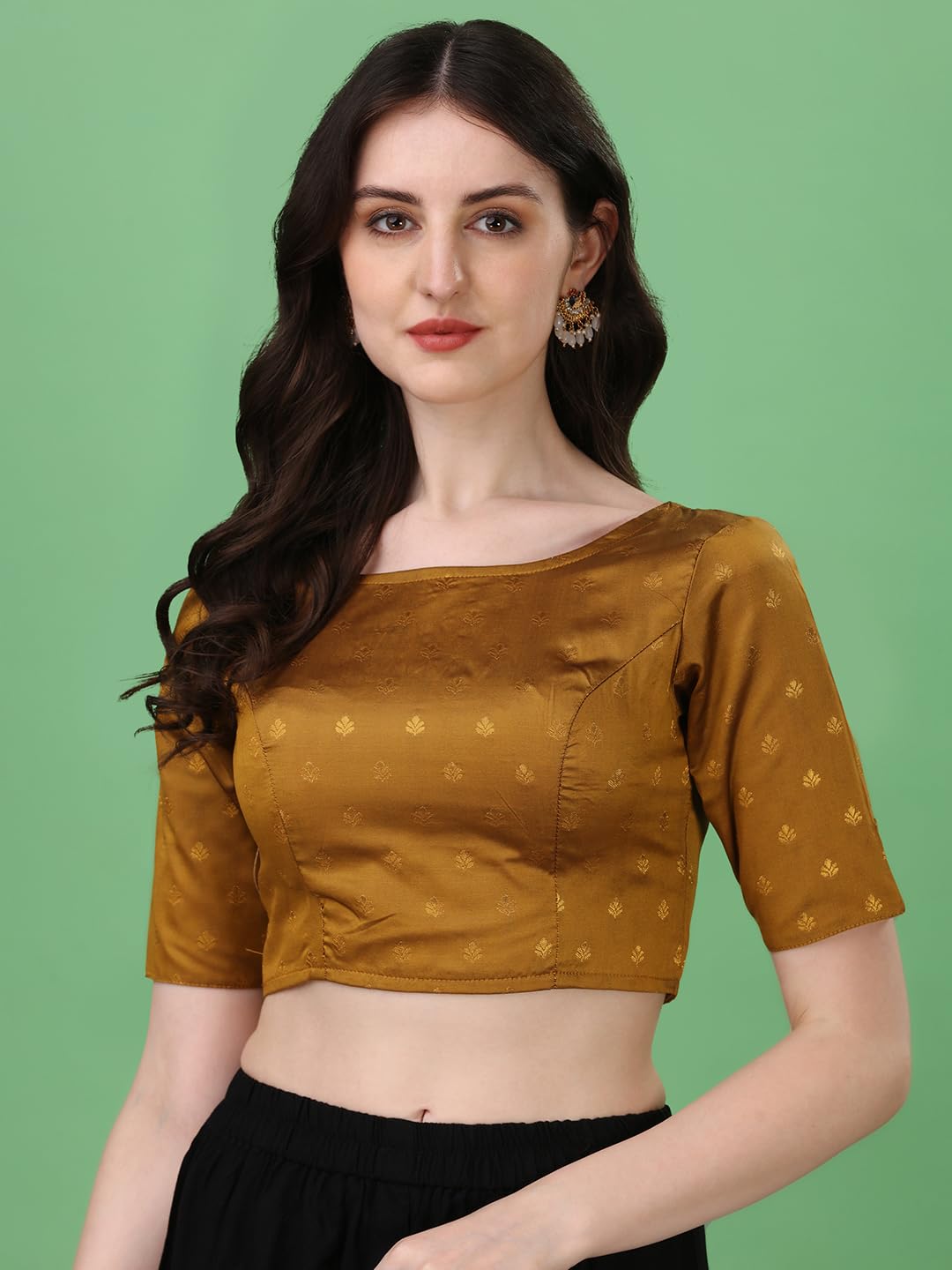 Oomph Women's Indian Ethnic Wear Designer Leaf Pattern Boat Neck Half Sleeve Brocade Brown Blouse For Saree Or Lehnga And Blousepalazzos Or Skirts For A Fusion Twist.