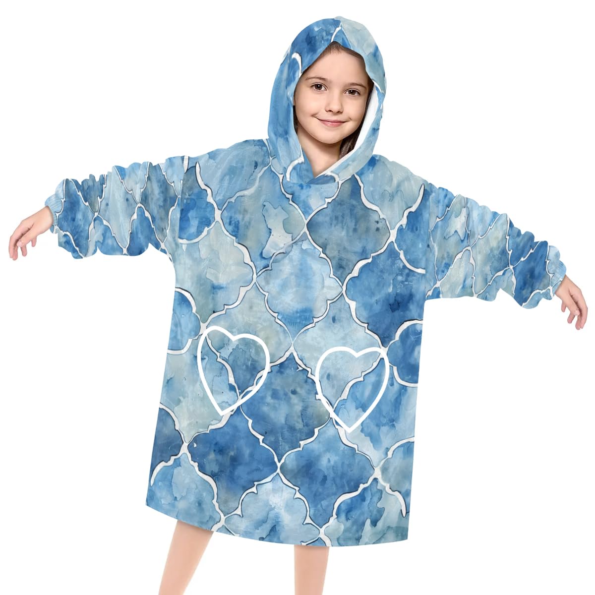 Pardick Wearable Blanket Hoodie for Kids, Ethnic Geometry Fleece Sweatshirt Blanket Oversized Blanket Sweatshirt with Pocket Flannel Warm Hooded Blanket 6-10 Year Old Girl Boy Gift, One Size