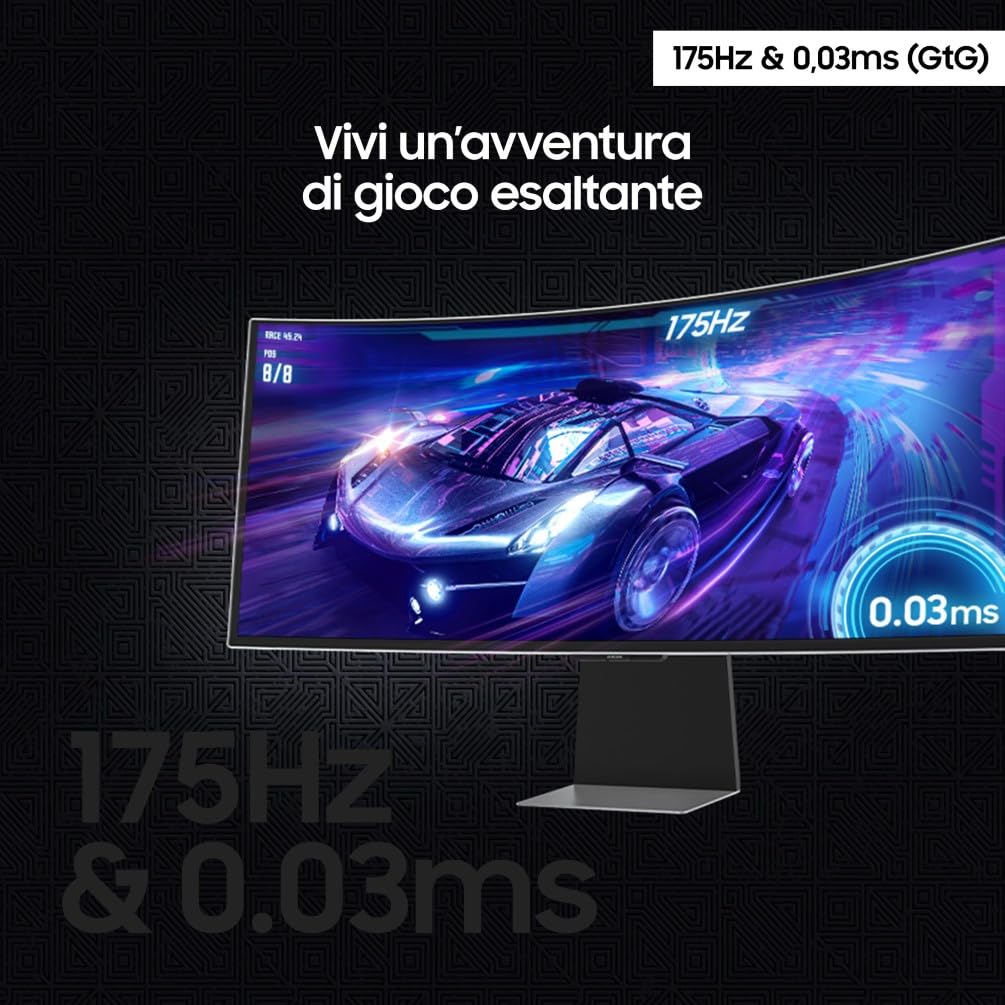 Samsung Monitor Gaming Odyssey OLED G8 (S34DG850), Curvo (1800R), 34'', 3440x1440 (WQHD), 21:9, HDR10+, QD-OLED Glare Free, 175Hz, 0,03ms (GtG), Compatibilità G-Sync, HDMI, USB, DP, WiFi, Casse, HAS