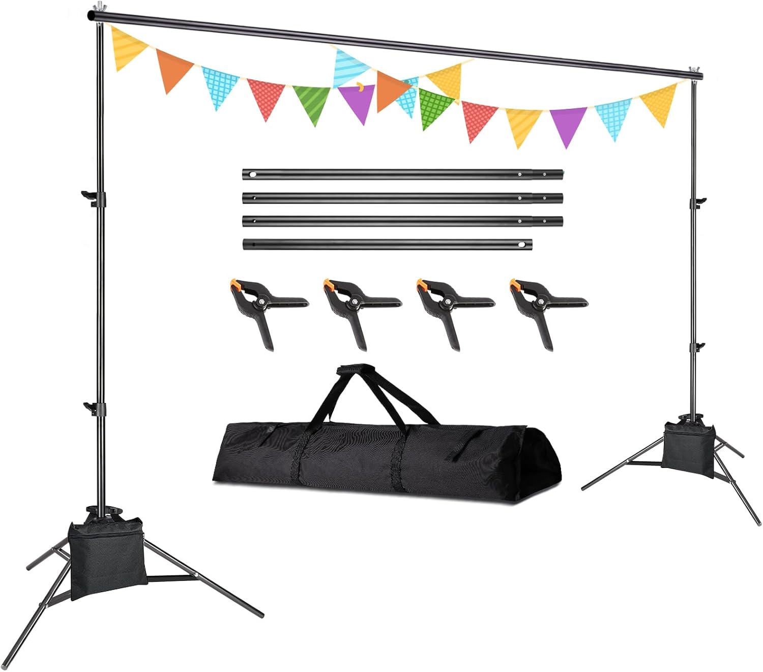 6.5 x 10ft Backdrop Stand, Adjustable Photo Backdrop Stand for Parties, Weddings Birthday Video Studio Photography, Backdrop Stand Kit with 4 Spring Clamps, 2 Sandbags, 1 Carrying Bag.
