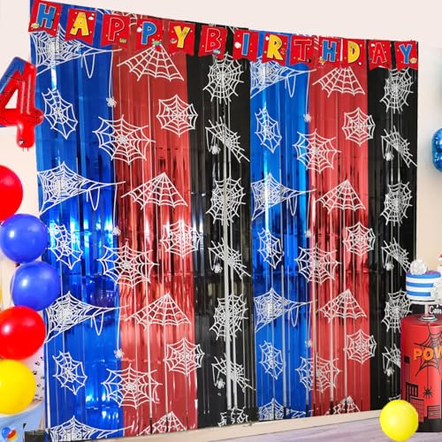 MECOLO Spider Web Birthday Decorations 2 Pack Spider Party Supplies 3.3x6.6ft Red Blue and Black Spidey Tinsel Foil Fringe Curtains Backdrop Red and Blue Streamers Spider Theme Party Decorations