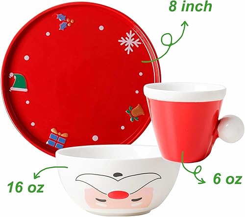 Miniatura 7 de Senliart Juego de vajilla de Navidad, juego de tazas y platos de cerámica de Papá Noel, platos y cuencos de Navidad, juego de vajilla roja, plato de