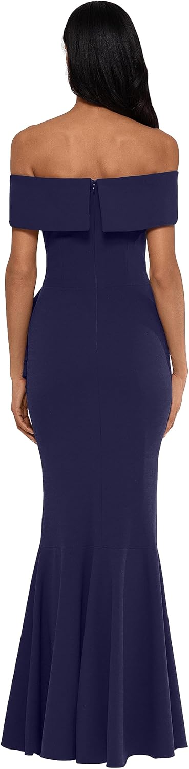 Betsy & Adam Women's Long Off Shoulder Cascade Ruffle Stetch Scuba Crepe Gown