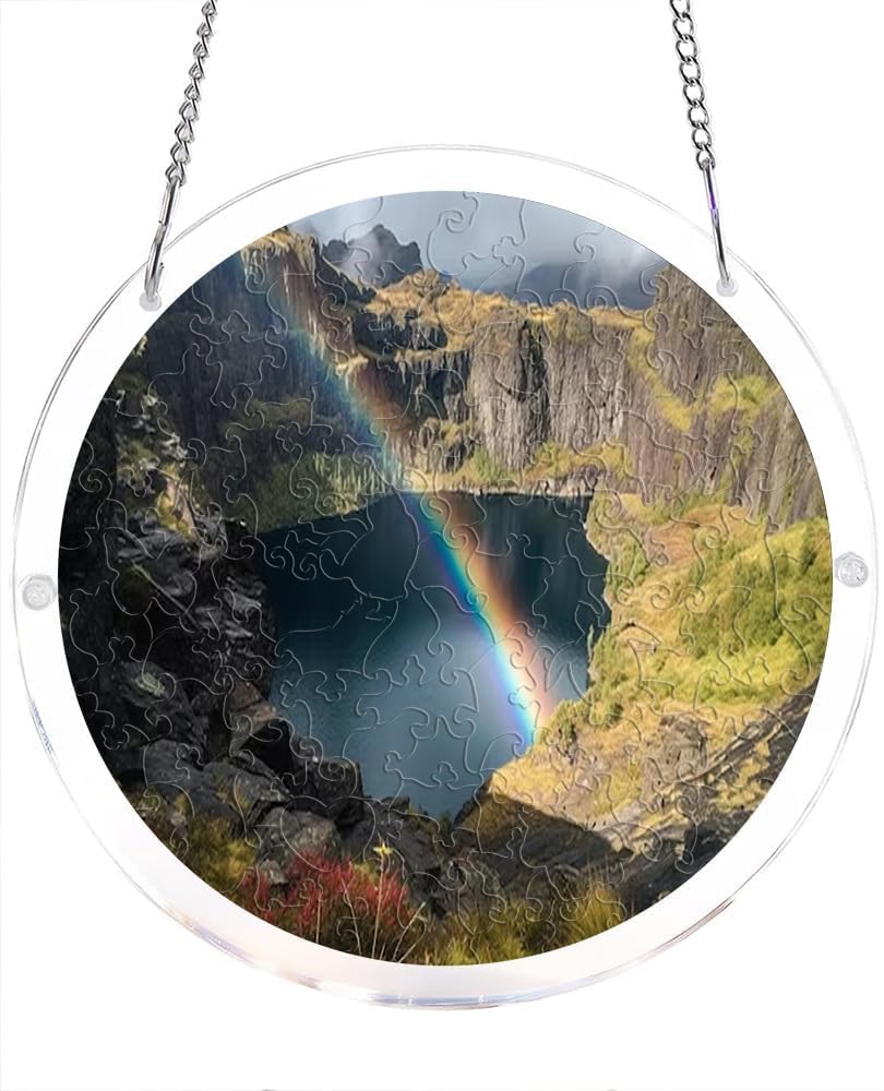 Rainbow Over Mountain Lake Nature Landscape Acrylic Jigsaw Puzzles Suncatcher, 8.9 Inch Window Hanging Suncatcher Acrylic Puzzle, DIY Home Decor Art Gift