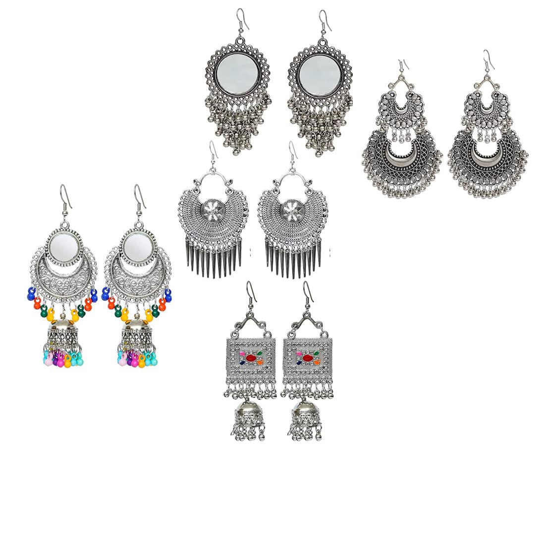 Designer Silver Earrings Combo Of Mirror Chandbali Earrings, With 7 Layer beads, 3 Layer Jhumka, Afghani Double Chandbali Brass Earrings For Girl And Woman(Pack Of 5 Pair) (B0C5TGF422) Amazon Price History, Amazon Price Tracker