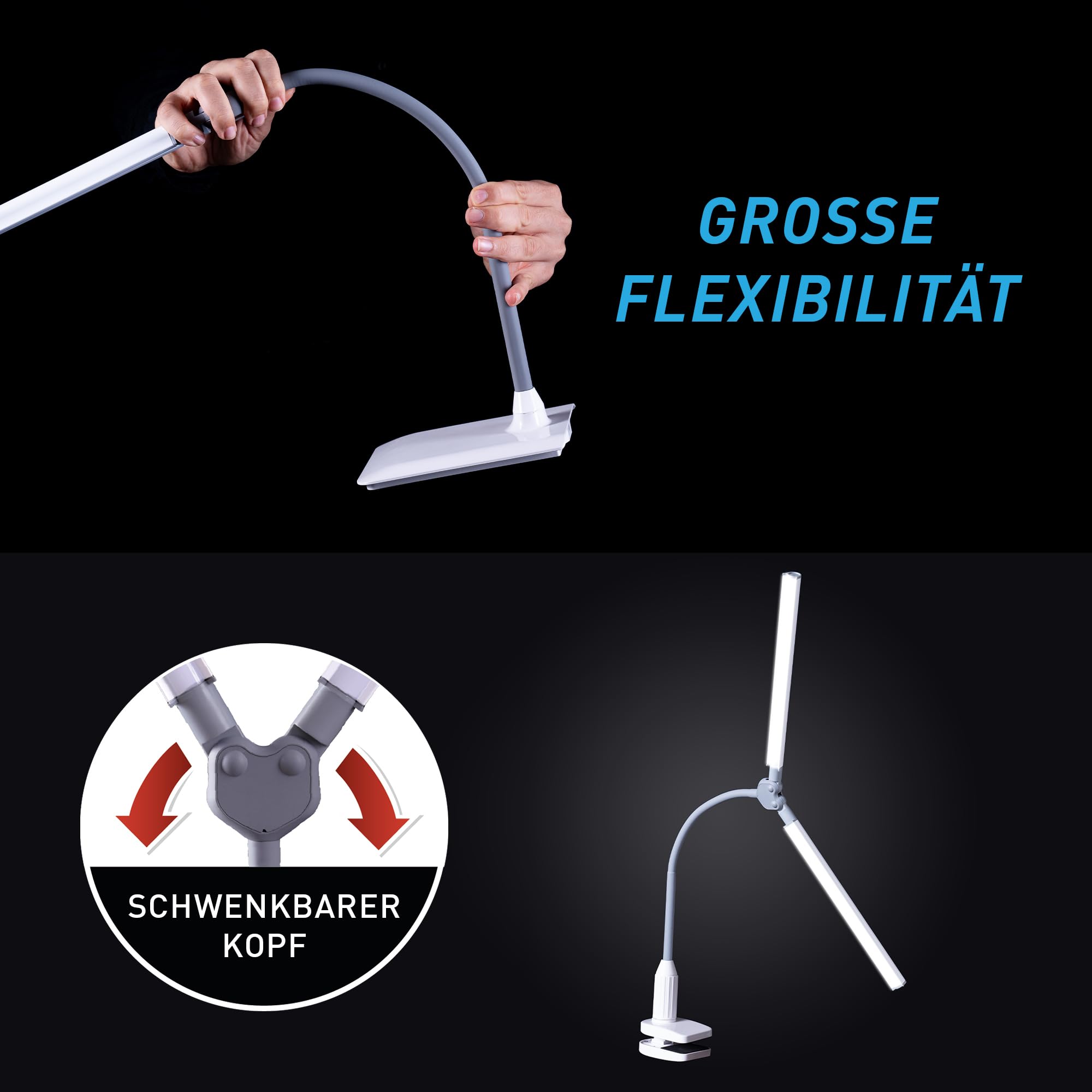 daylight DuoPro™ Clamp Lamp - High CRI 95+, Double Head Design, LED (6,000K, 2100 Lux), Anti-Glare Shades, 4 Brightness Levels, Flexible Arm, Sturdy Clamp (Grey/White)