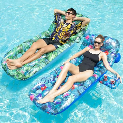 FindUWill Pool Floats Adult - 2 Pack Pool Float Lounger, Inflatable Pool Floats with Cup Holder, Backrest, Heavy Duty Pool Float Rafts, Cooling Pool Floaties for Vacation by FindUWill - Used condition - US$20.76