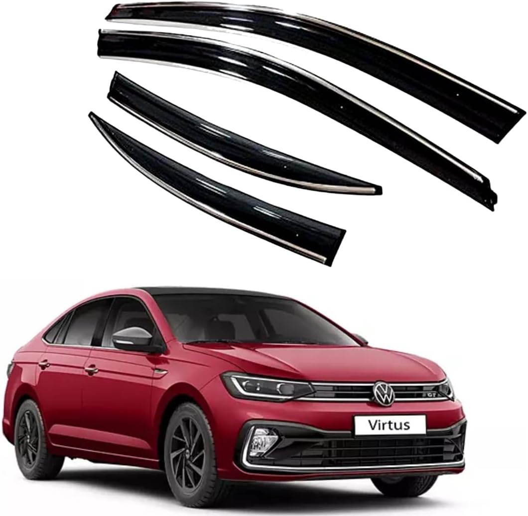 Premium Chromeline & Silverline Unbreakable Car Rear Window Wind Deflectors & Side Door Visor Rain Guard Compatible with (Volkswagen Virtus (2022 Onwards))