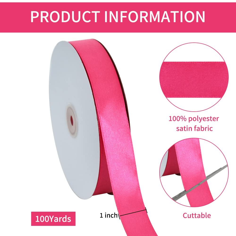 TONIFUL 1 Inch x 100yds Shocking Pink Satin Ribbon, Thin Solid Color Satin Ribbon for Gift Wrapping Crafts, Hair Bows Making - Image 2