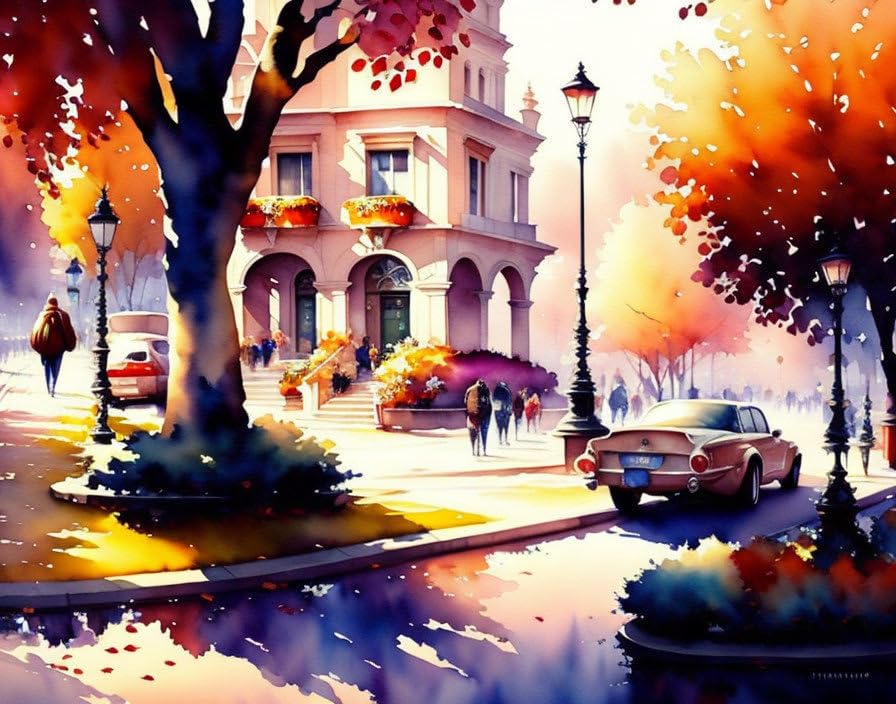 Toile murale Downtown in Fall Aquarelle Peinture ELYRTHRIUMC 50x70cm