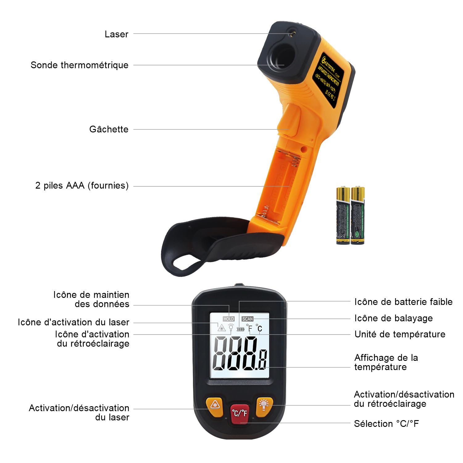 KETOTEK Thermomètre Infrarouge KT400Y Pistolet Température Laser sans Contact -50~400°C Pour cuisine, industrie, barbecue, four à pizza