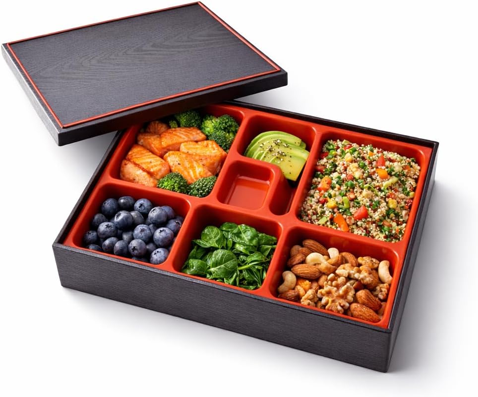 5 Compartment Japanese Bento Box with Removable Tray - Wood Grain Design ABS Food Container, 10.63x8.07x1.97 Inch, Portable Lunch Box for Office, Picnic, Sushi & (Red & Black)