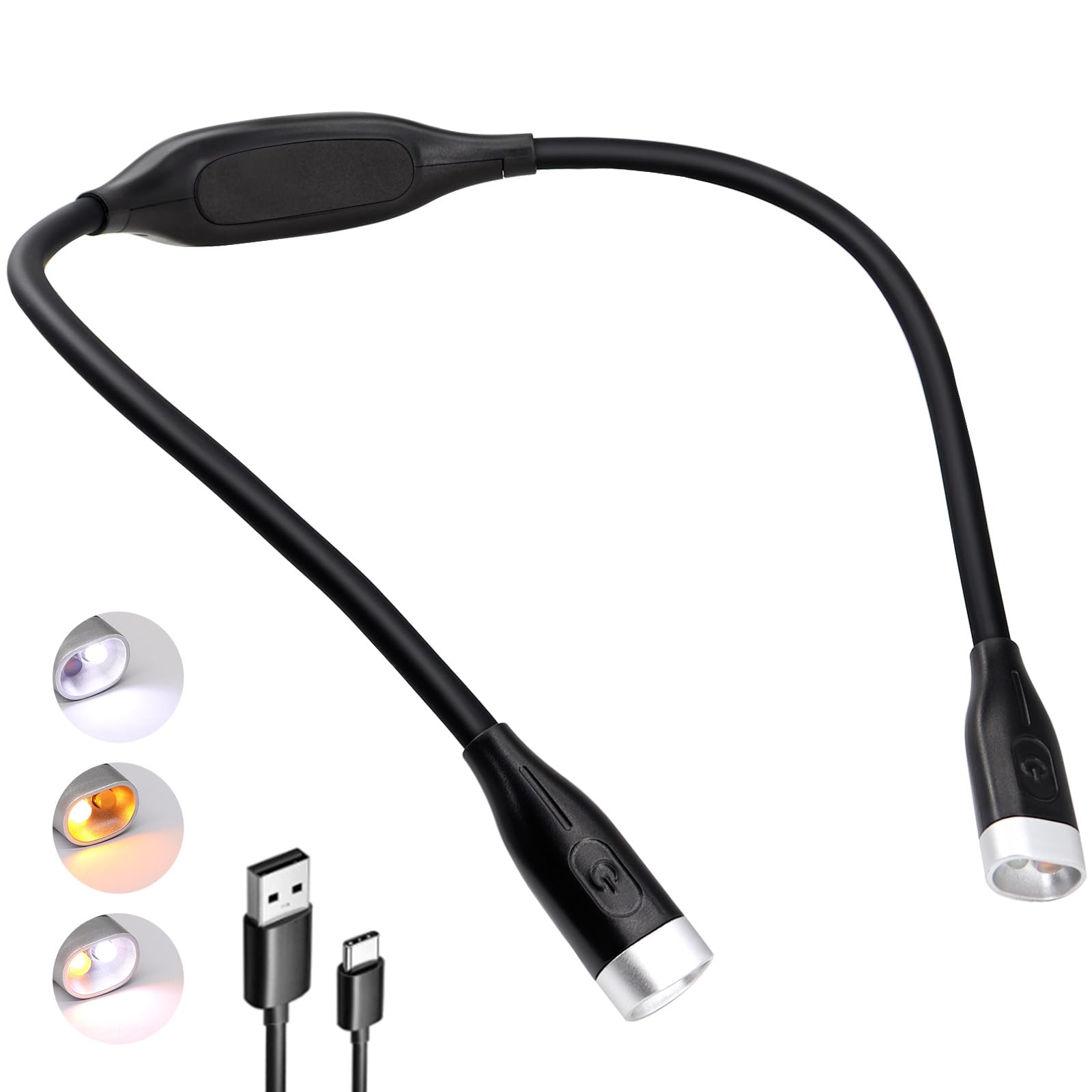 WenYa Rechargeable Neck Reading Light, 3 Color Temperatures & 6 Brightness Levels, Flexible Silicone Arms, 90-Hour Long Lasting, Hands-Free Light for Reading in Bed, Knitting, Crafts (Black)