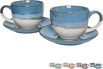 Bosmarlin Ceramic Cappuccino Cup and Saucer Set of 2, 10 Oz, Coffee Cups for Latte, Espresso, Tea, Dishwasher and Microwave Safe (Blue)