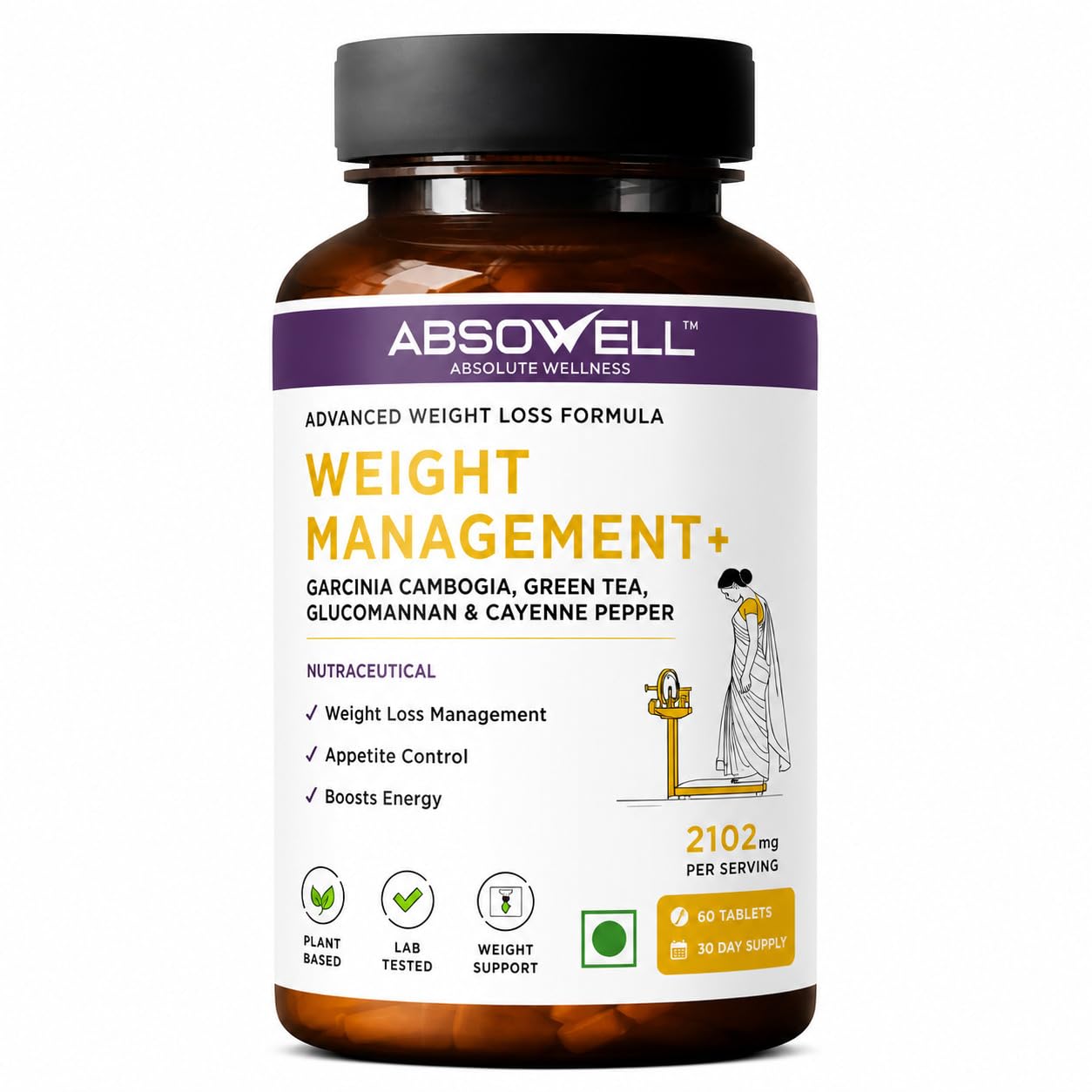 Absowell Weight Management Tablets– Garcinia Cambogia, Glucomannan & More | Plant-Based Formula for Fat Burn, Appetite Control & Metabolism Boost