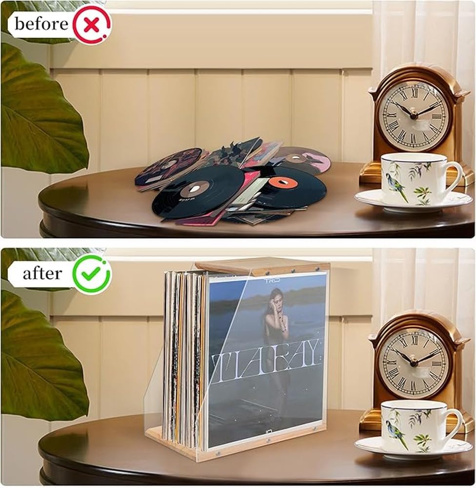 Supporto per dischi in vinile con ripiano portaoggetti per una