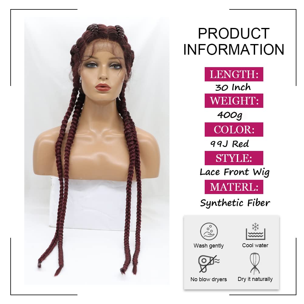 AFbeauty Long 99J Braided Wig for Women Synthetic Burgundy Red Lace Front Braided Wig with Baby Hair Heat Resistant Fiber Cornrow 4 Twist Braids Party Cosplay - Image 2