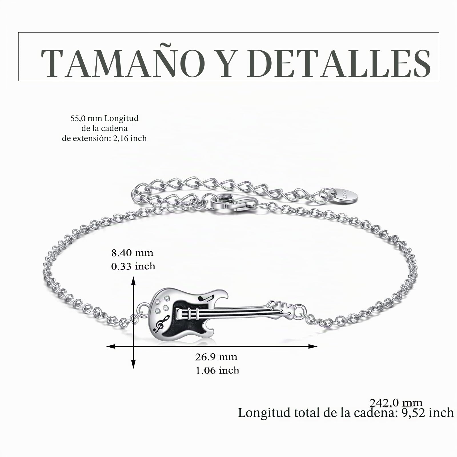 YFN Pulsera Guitarra Plata Esterlina Joyería Música Regalos Punk Rock para Mujer Hombre Niñas Niños Amante Guitarra