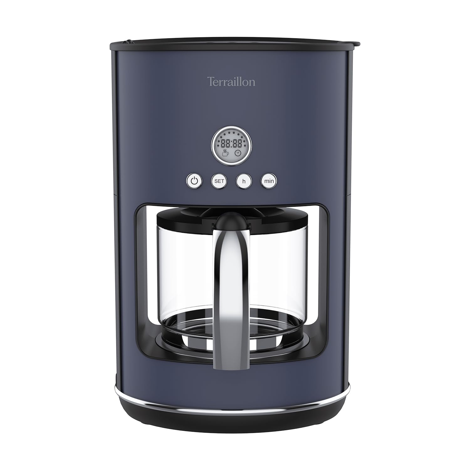 Terraillon - Cafetera de filtro eléctrico, programable, jarra de cristal, 1080 W, capacidad 1,25 L, mantenimiento caliente, función antigoteo, filtro extraíble, cuerpo de acero inoxidable pintado