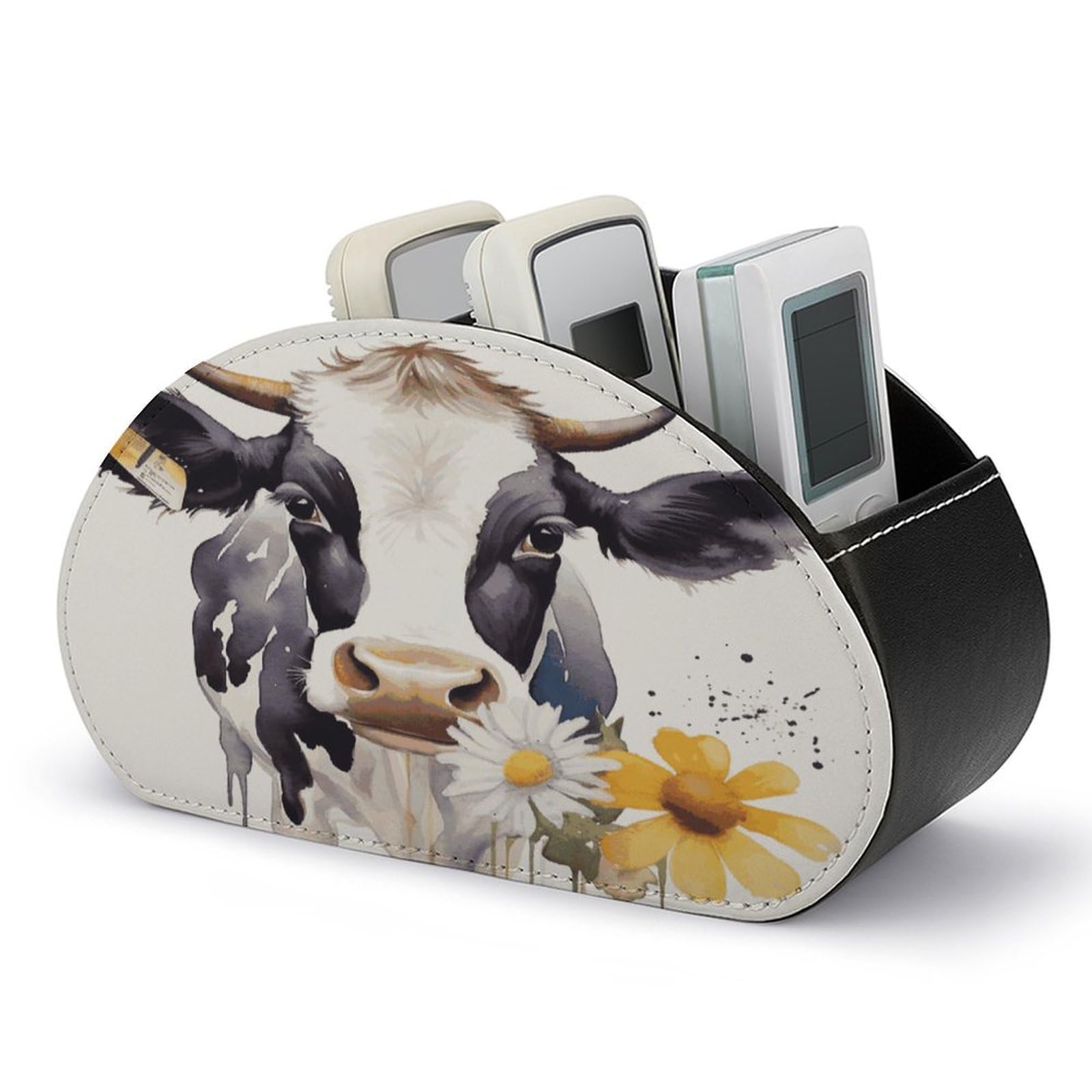 FekiLoot Watercolor Cow And Daisy Flower Remote Control Holder, PU Leather Remote Control Organizer Box Stationery Remote Control Box Desk Storage Organizer for DVDs,Glasses,Pens,Media Players