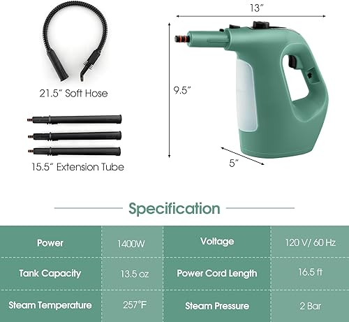 Miniatura 6 de Safstar - Limpiador de vapor de mano, vaporizador presurizado de 1400 W con accesorios de 14 piezas y cerradura para niños, mopa de vapor portátil