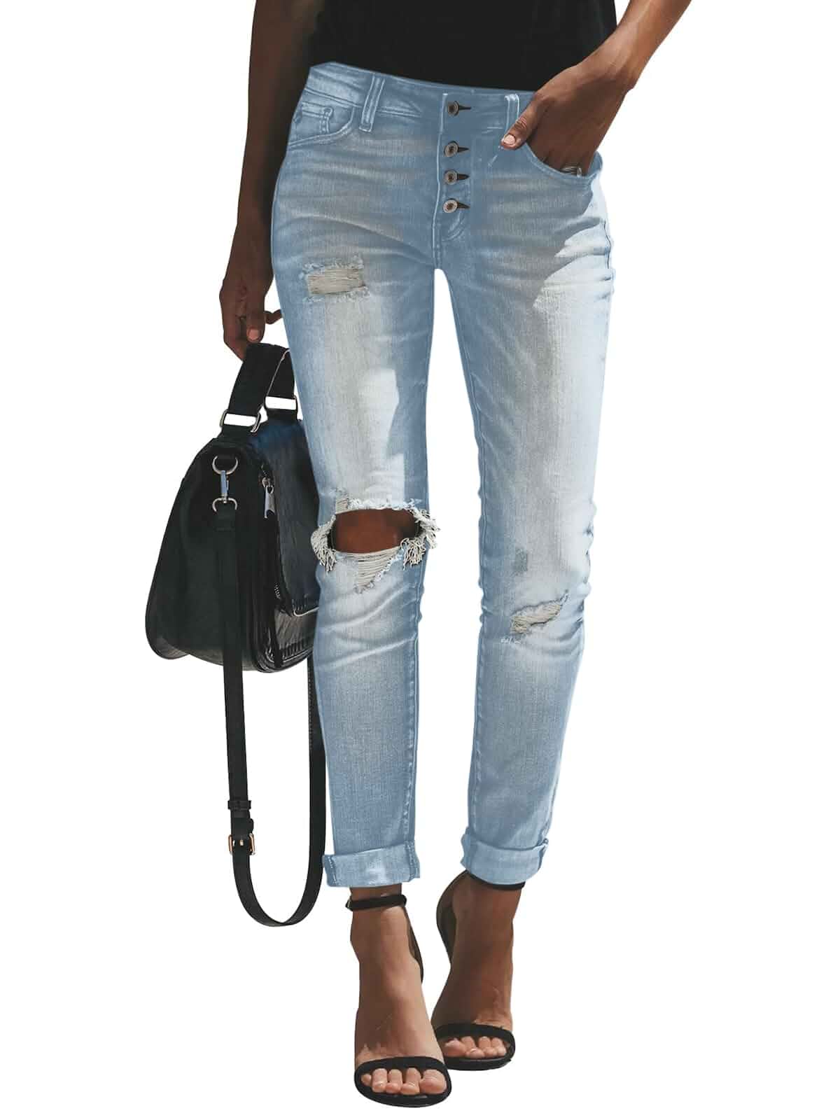 Women's High Waisted Casual Jeans Ripped Vintage Washed Denim with Cuffed Hem Jeans