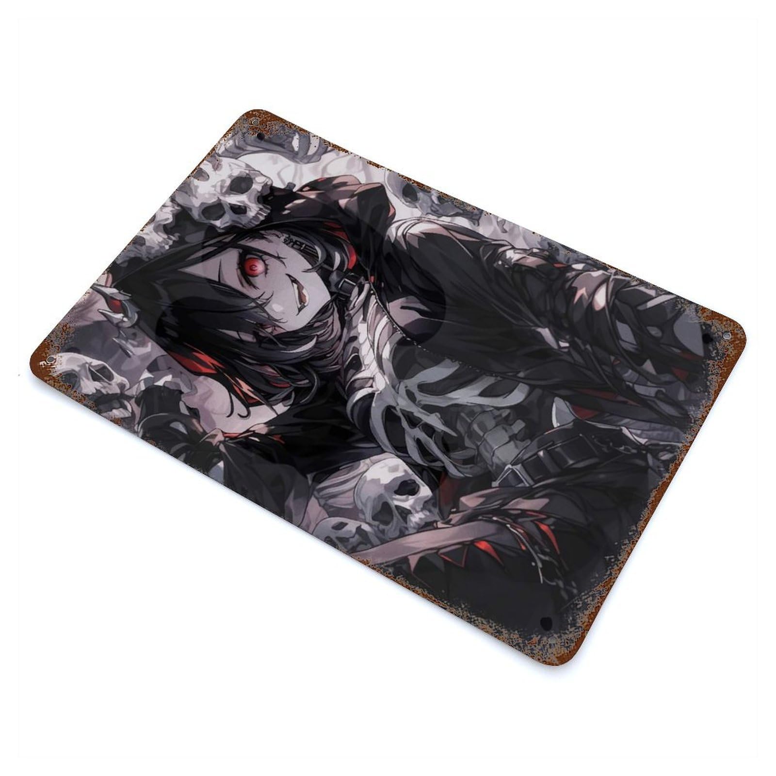 Anime Girl with Skulls 11.8"x7.9" Rust Effect Tin Sign, Industrial Home Decor for Living Room, Hallway And Home Decor