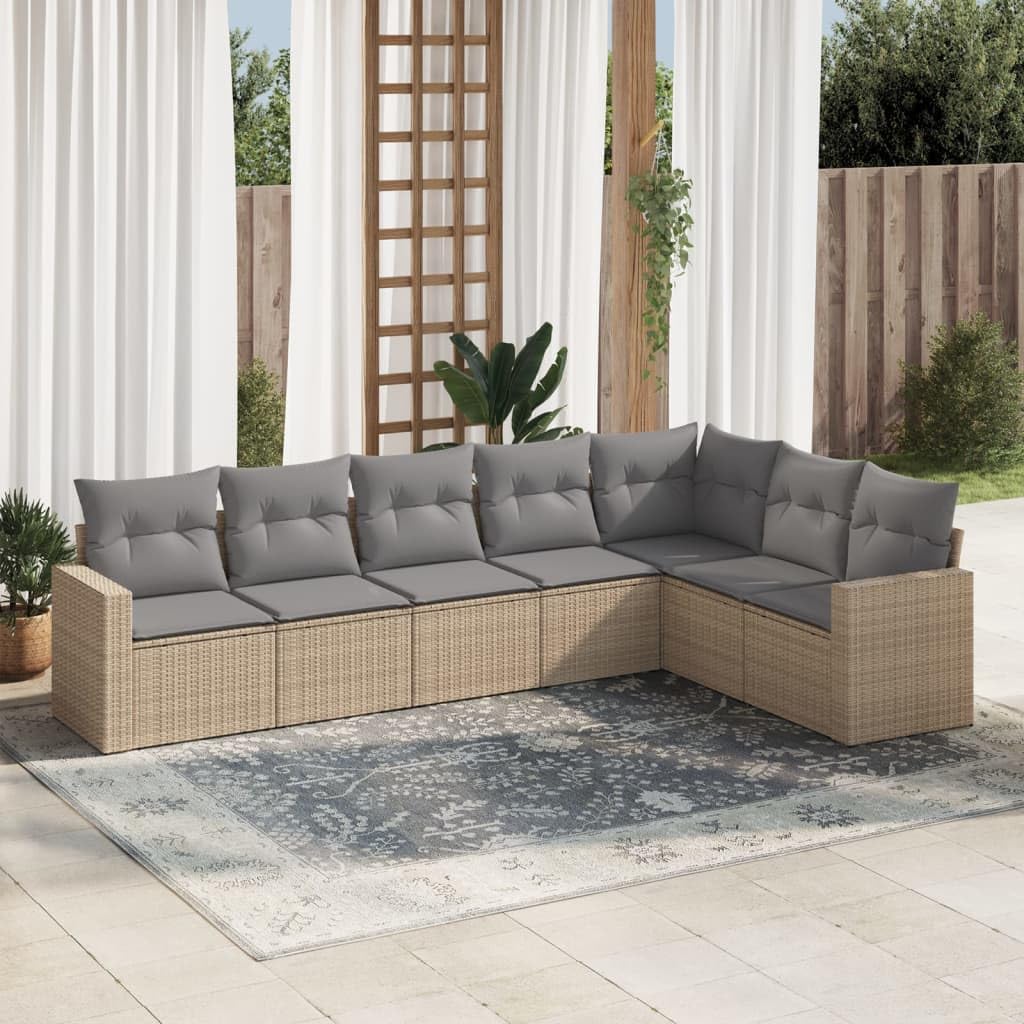 Ensemble de canapé de jardin 7 pièces avec coussins, beige, en polyrotin pour terrasse, balcon, jardin d'hiver, extérieur, salon modulaire, coin salon, fauteuil, tabouret