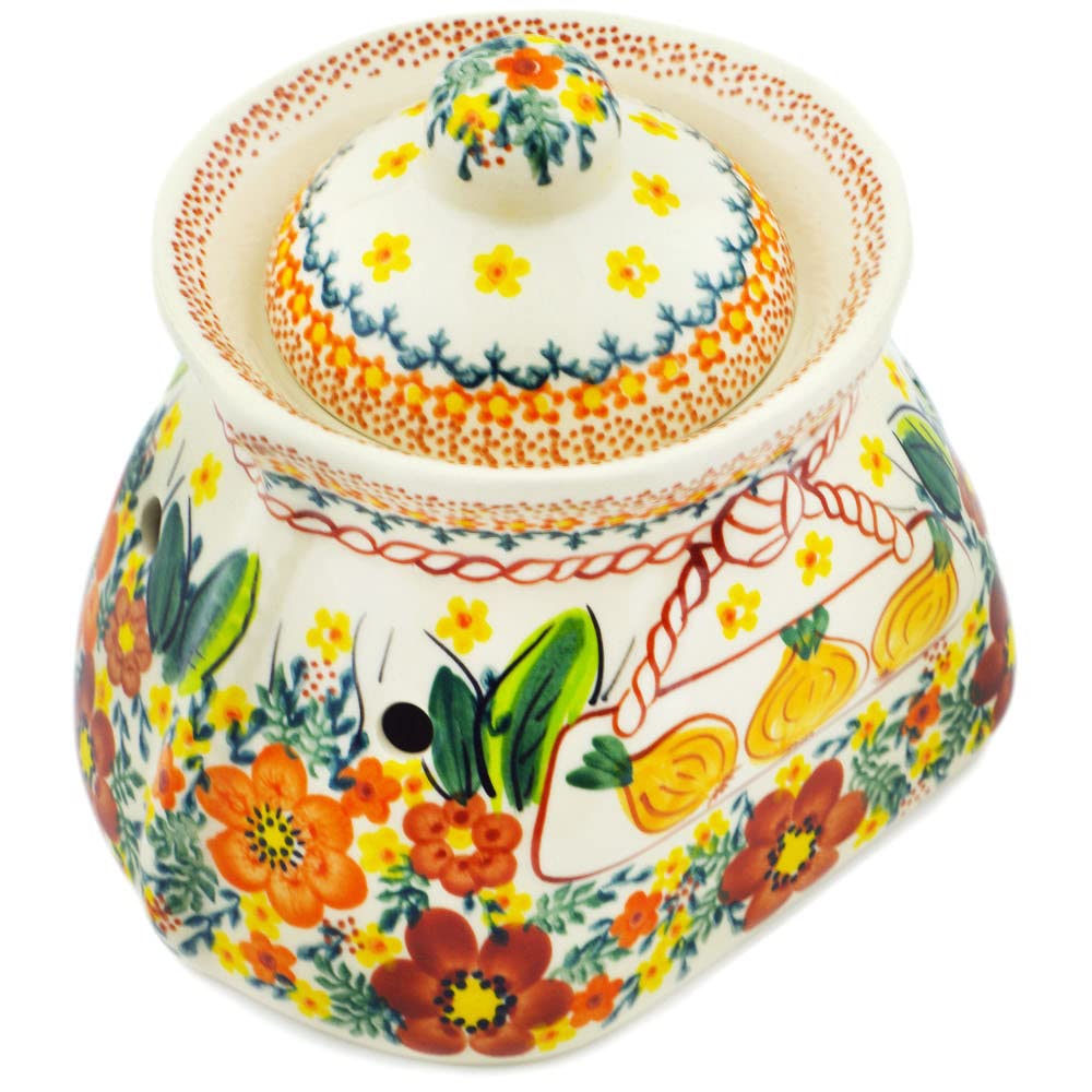 Polish Pottery 7-inch Garlic and Onion Jar (Sunset Meadow Theme) Signature UNIKAT + Certificate of Authenticity