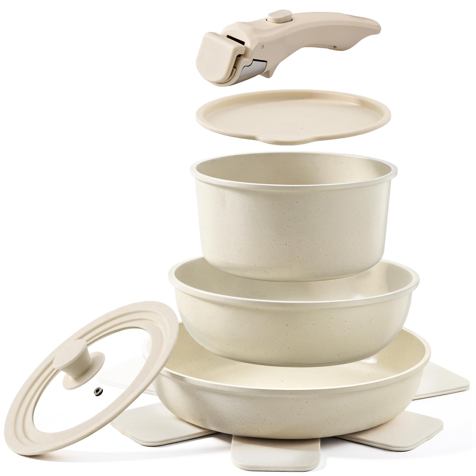 Warmiehomy 8-Piece Non-Stick Pan Set with Detachable Handle, Cream White
