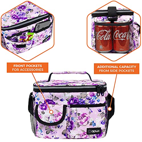 Opux Insulated Lunch Box For Women Girls, Leakproof Thermal Lunch Bag Cooler Work Office School, Soft Reusable Lunch Tote With Shoulder Strap, Adult Kid Lunch Pail Kit, 14 Cans, Purple Floral #TOP3
