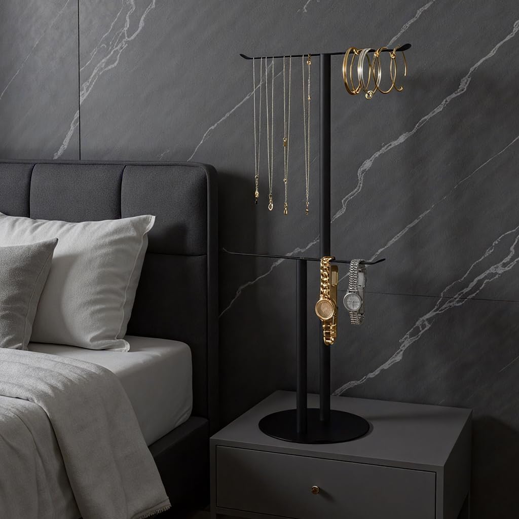 Black Hand Towel Holder Stand, 23 Inch T-Shape Stainless Steel Hand Towel Rack for Bathroom Kitchen and Countertop, Free Standing with Non-Slip Base, Holds 2 Towels