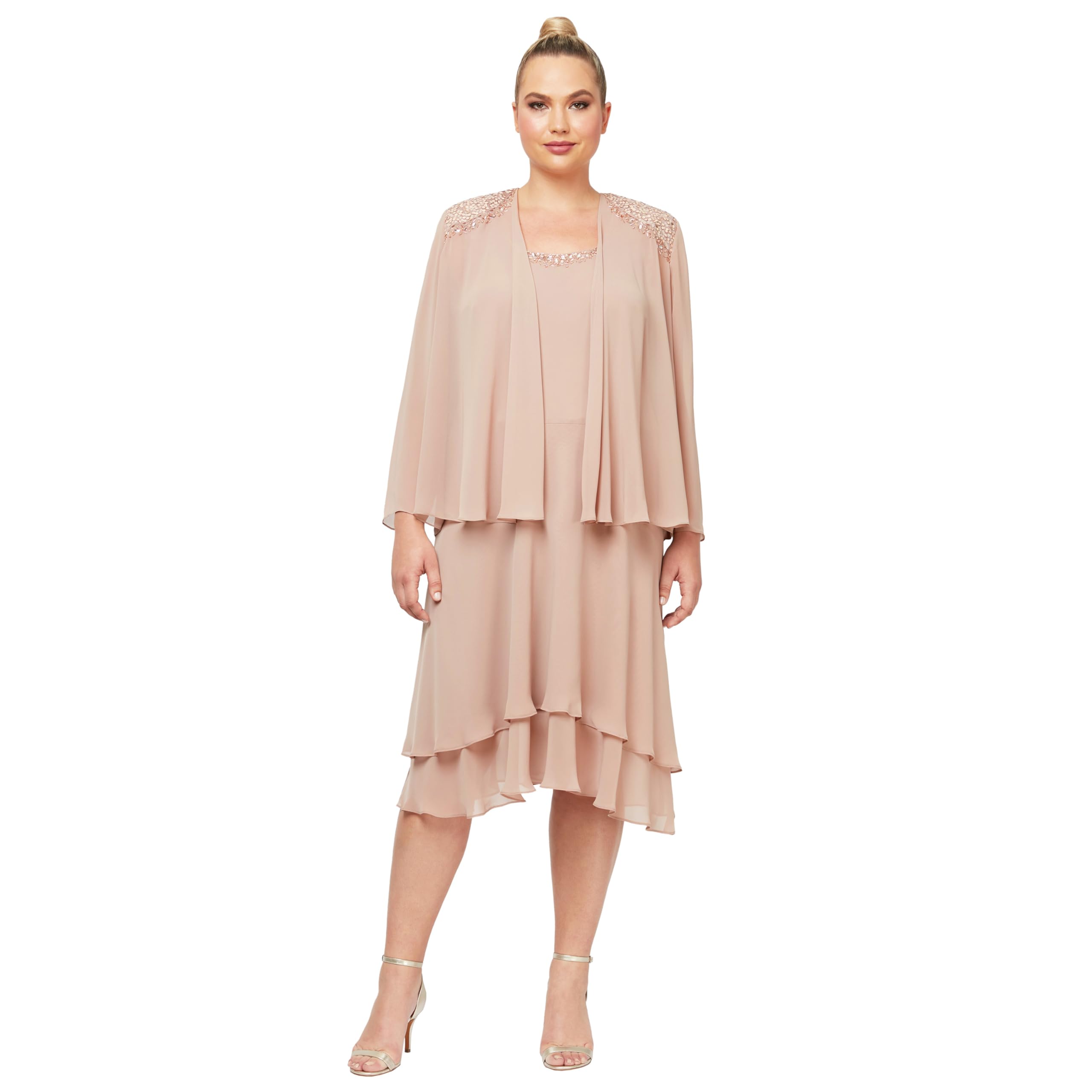 S.L. Fashions Women's Mother of The Bride Dress with Embellished Neckline & Shoulder, Wedding Guest (Petite and Regular Sizes) Special Occasion, Cashmere, 10P